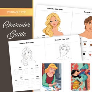 May include: A printable PDF character guide featuring multiple pages with illustrations of animated characters, colour palettes, and skin tone swatches. The pages include text labels such as Character Color Guide, Skin, Hair, Eyes, and Lips.