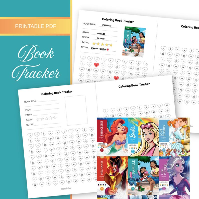 May include: Printable PDF book tracker with the text "Book Tracker" and "Printable PDF". The tracker includes sections for book title, start and finish dates, rating, and notes. Images of coloring books are also visible.