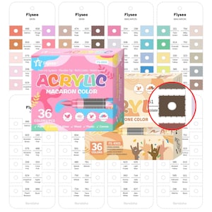 May include: A box of 36 acrylic macaron color markers with a pink and white design. The box includes a color chart with various shades and the text "ACRYLIC MACARON COLOR".