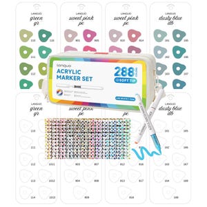 Puede incluir: Un estuche blanco con cremallera que contiene un juego de 288 rotuladores acrílicos con punta suave. El juego incluye rotuladores en varios tonos de verde, rosa y azul, con muestras de color individuales y ejemplos de rotuladores.