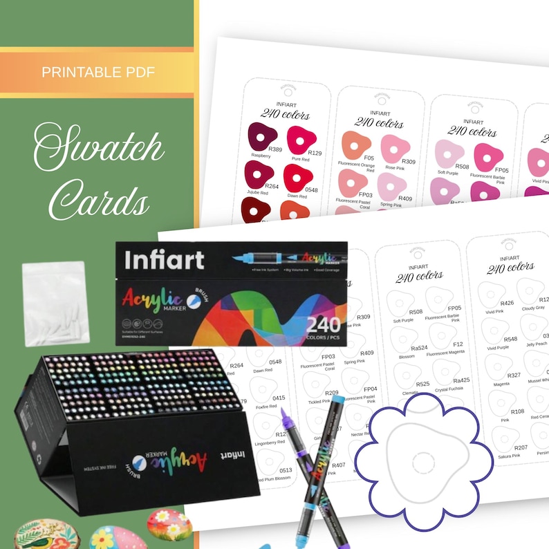 May include: A collection of Infiart acrylic markers and swatch cards. The image shows a box of 240 markers, a package of swatch cards, and two markers. The text "Swatch Cards" and "Printable PDF" are visible.
