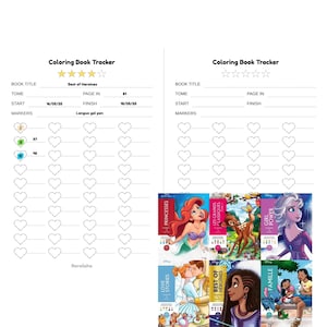 以下が含まれることがあります： 見開きページには、本のタイトル、ページ番号、完了日を入力できる塗り絵トラッカーが掲載されています。ページにはハート型のチェックボックスとマーカーのセクションが含まれています。いくつかのディズニーの塗り絵が表示されています。