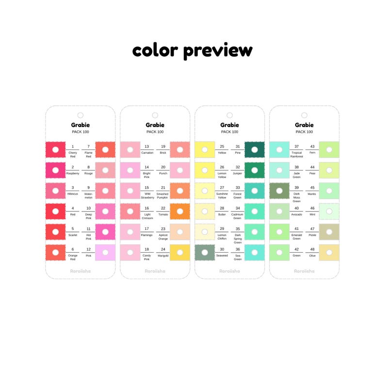 Grabie 100 Colors Dual Tip Marker Swatch Chart Template Water Based ...