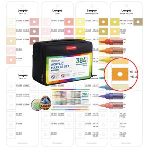 May include: A black carrying case for a 384-color acrylic marker set by Languo, featuring a clear front window. Included are color swatch cards with codes like CS-141 and YE-121, a color reference chart, and two small decorated egg-shaped items.