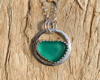 Teal Green Sea Glass Pendant. Sterling Silver Cornish Sea Glass Pendant. Hand crafted Sterling Silver & Sea Glass Necklace