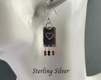 Silver Heart Dangle Earrings. Sterling Silver Garnet & Onyx  Earrings.  Silver Sparkle  Earrings. Bead Heart Earrings.