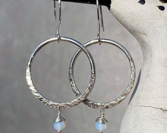 Hand Textured Sterling Silver Hoop Earrings. Moonstone Bead Hoop Earrings. Silver Hoop Dangle Earrings. Moonstone Hoop Earrings.