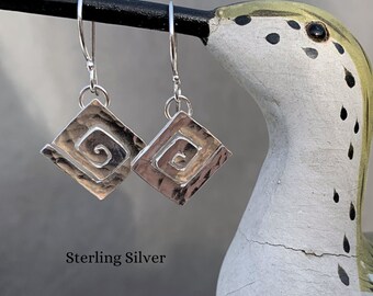 Spiral Sterling Silver Square Dangl Earrings. Handcrafted Artisan Celtic Earrings. Sterling Silver Mystical Earrings. Hand Textured Earrings