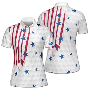 Custom Name American Flag Golfer USA Golf Women&#39;s Polo Shirt S-5XL
