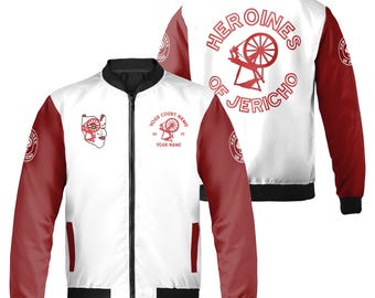 May include: White and red bomber jacket with a black zipper. The back of the jacket features the text "Heroines of Jericho" in red with a spinning wheel graphic. The left sleeve has a red patch with the text "Heroines of Jericho" in white. The right sleeve has a red patch with a spinning wheel graphic and the text "Your Court Name" and "Your Name".