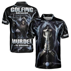 Custom Name Skeleton Golfing Because Murder Is Wrong Men&#39;s Polo Shirt S-5XL