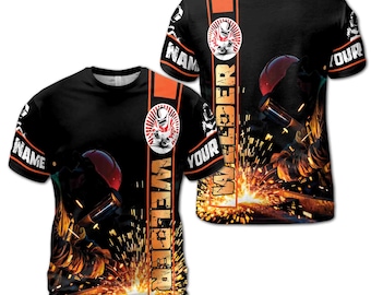 Camiseta 3D negra y naranja con nombre personalizado para soldador, chispa, metalistería, arte industrial, tallas S-5XL