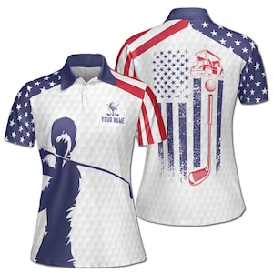 Custom Name Patriotic American Lady Golfer Women&#39;s Polo Shirt S-5XL