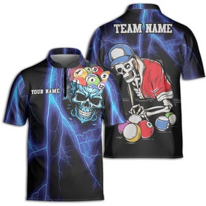 Personalized Blue Lightning Skull Love Billiard Zipper Polo Shirt S-5XL