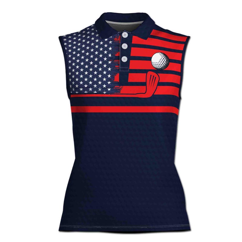 May include: Sleeveless golf shirt with a red, white and blue American flag design. The shirt has a navy blue base with a red, white and blue striped pattern on the top half. A golf ball and club are featured on the shirt.