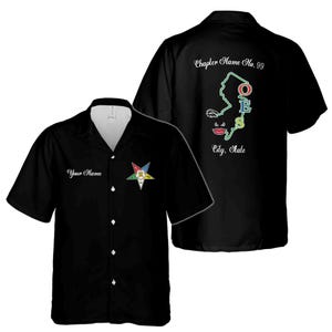 May include: Black button-down shirt with a white collar and buttons. The front features a five-pointed star emblem and the text "Your Name". The back displays a map outline with the text "Chapter Name No. 99" and "City, State".