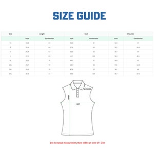 May include: Size chart for a sleeveless shirt with measurements in inches and centimetres for bust, length, and shoulder. The chart includes sizes XS to 4XL.