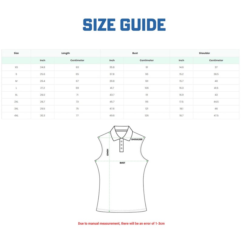 May include: Size chart for a sleeveless shirt with measurements in inches and centimetres for bust, length, and shoulder. The chart includes sizes XS to 4XL.