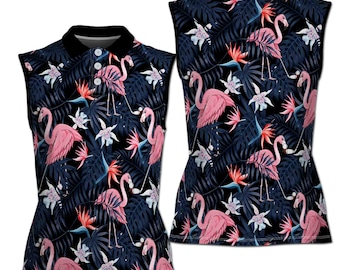 Seamless Tropical Flamingo Golf 3D Women Sleeveless Polo Size XS-4XL