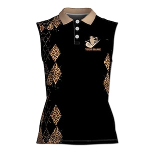 May include: Black sleeveless golf shirt with a brown and tan leopard print pattern. The shirt has a diamond pattern and a golfer silhouette with the text "YOUR NAME".