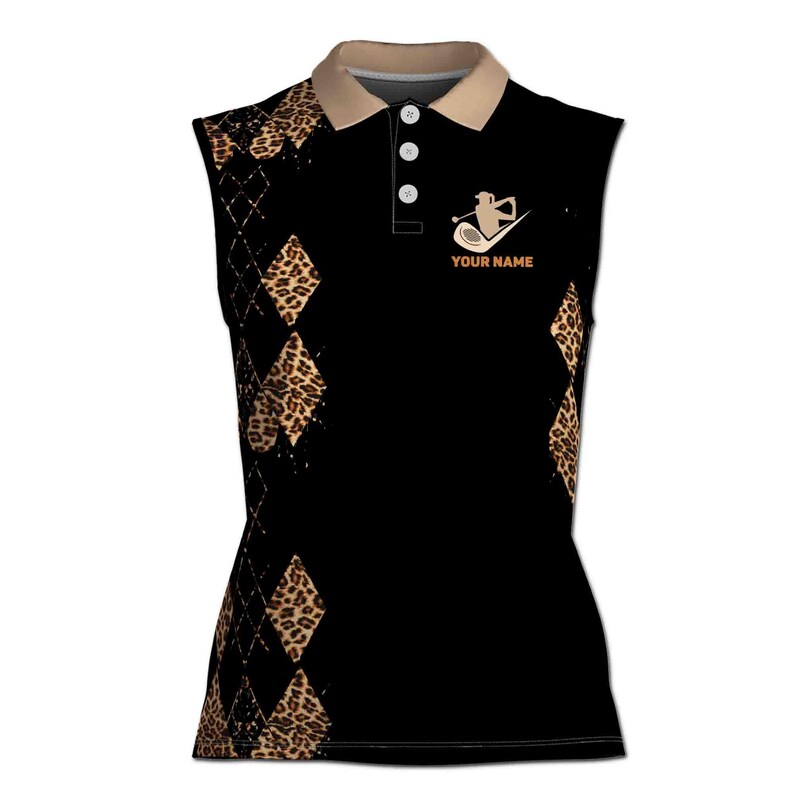 May include: Black sleeveless golf shirt with a brown and tan leopard print pattern. The shirt has a diamond pattern and a golfer silhouette with the text "YOUR NAME".