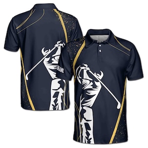 Custom Name Stylized Golf Player Swing Golden Spatter Men&#39;s Polo Shirt S-5XL