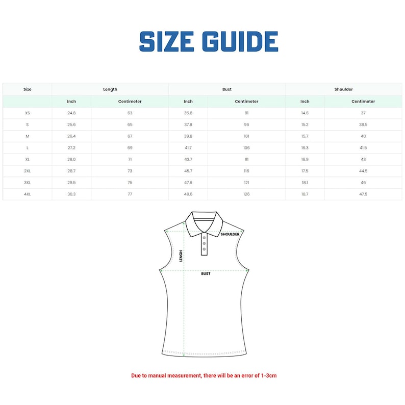 May include: Size chart for a sleeveless shirt with measurements in inches and centimetres for bust, length, and shoulder. The chart includes sizes XS to 4XL.