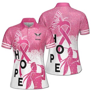 Polo de golfista para mujer, tallas S-5XL, con nombre personalizado, con purpurina rosa y texto &quot;Esperanza, Mes del Cáncer de Mama&quot;