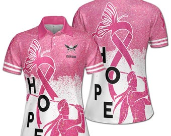 Individuell Name Pink Glitzer Hoffnung Brustkrebs Monat Lady Golfer Damen Poloshirt S-5XL