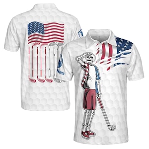 Custom Name Golf Men&#39;s Polo Shirt: Funny Skeleton American Flag Design