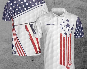 Custom Name American Retro Flag Golfer Silhouette Men's Polo Shirt S-5XL