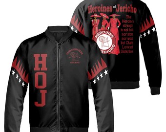 May include: Black bomber jacket with red and white accents. The jacket features a large graphic on the back with the text "Heroines of Jericho" and a smaller graphic on the left sleeve with the text "Your Court Here".