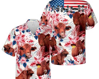 Red Angus Cattle Lovers American Flag Hawaiian Shirt S-5XL