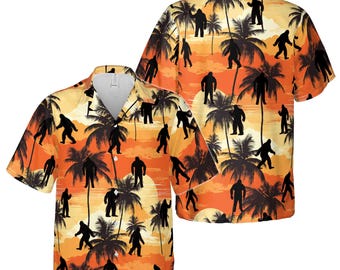 Colorful Bigfoot Sasquatch Coconut Tree Mountain Sunset Hawaiian Shirt S-5XL