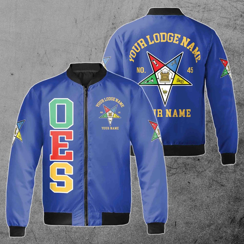 Custom Name Order of the Eastern Star Masonic Lodge OES Pentagon Up Unisex Bomber Jacket S-5XL Blue