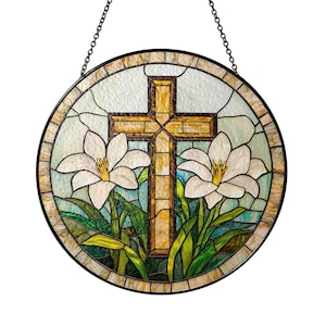 Easter Lily Cross Jesus Stained Glass Suncatcher Window Hanging Gift for Christians