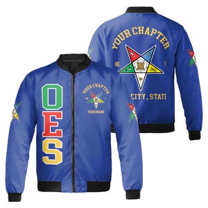May include: Blue bomber jacket with a black zipper and black ribbed cuffs. The jacket has a large "OES" printed on the left side and a five-pointed star with a Masonic symbol on the right side. The text "YOUR CHAPTER NO. YOUR NAME" is printed on the right side of the jacket.