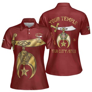 May include: Red polo shirt with a gold design of a crescent moon, star, and swords. The text "YOUR TEMPLE" and "YOUR CITY/STATE" is on the shirt.