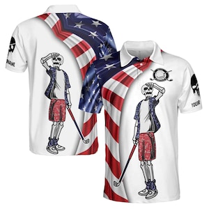 Custom Name USA Flag Skull Golf Men&#39;s Polo Shirt