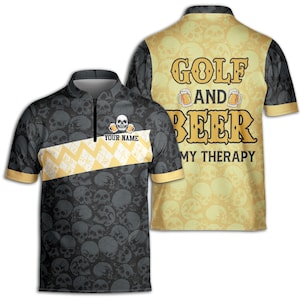Custom Name Golf And Beer Is My Therapy Zipper Polo Shirt S-5XL