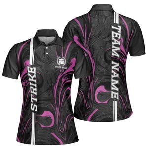 Custom Name Team Name Black Pink Marble Art Bowling Women&#39;s Polo Shirt S-5XL