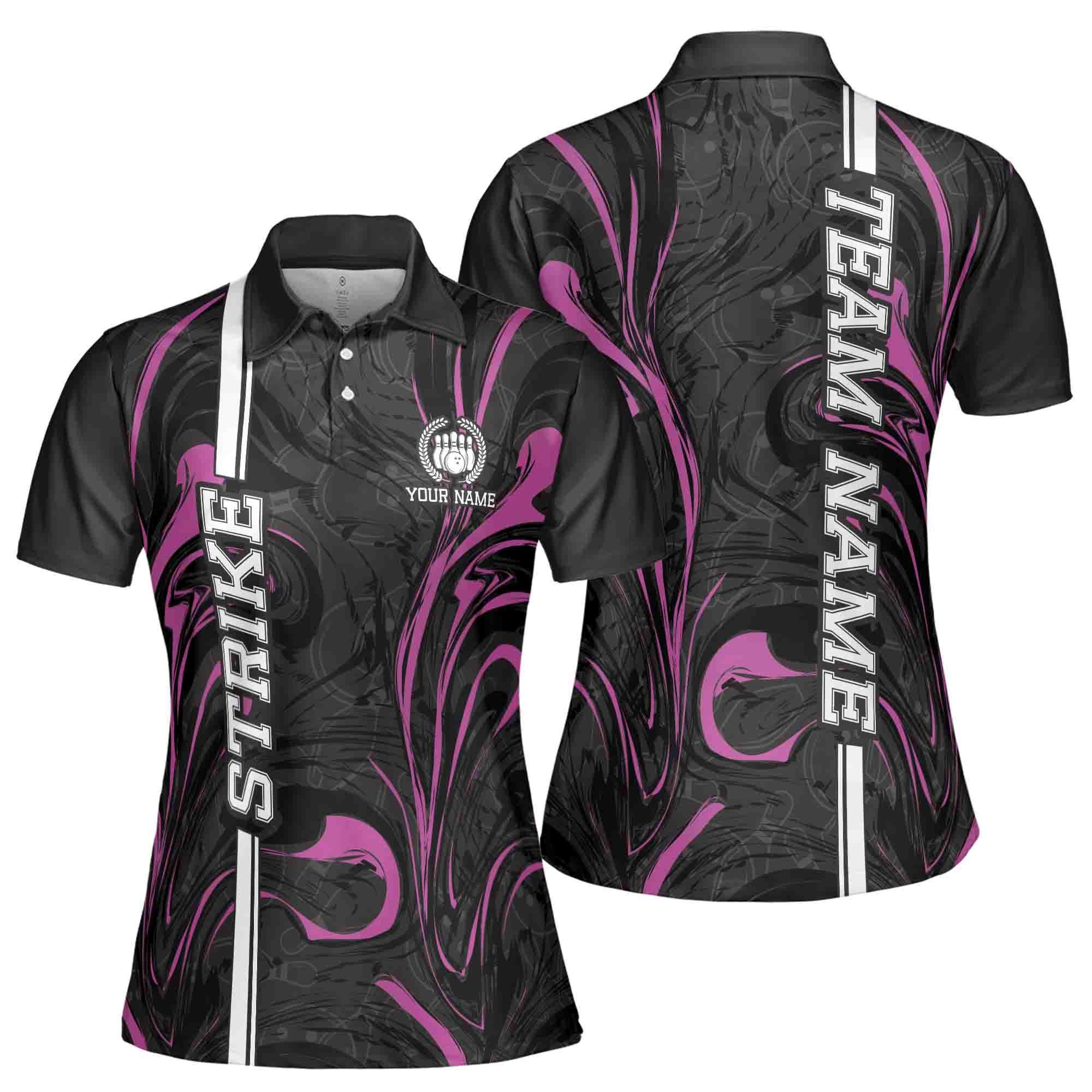Custom Name Team Name Black Pink Marble Art Bowling Women's Polo Shirt S-5XL