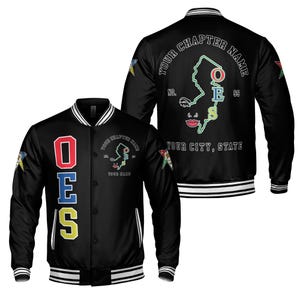 May include: Black varsity jacket with white and black striped trim. The front features the letters OES in red, blue, yellow, and the text "YOUR CHAPTER NAME". The back displays a map outline with text "YOUR CHAPTER NAME", "YOUR CITY, STATE", and the number 99.