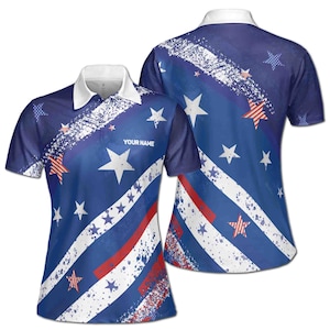 Custom Name Blue Star Patriotic America Women&#39;s Polo Shirt S-5XL