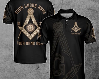 Customize Name, Lodge Name and Number Black and Rose Gold Freemason 3D All Over Print Polo Shirt Size S-5XL