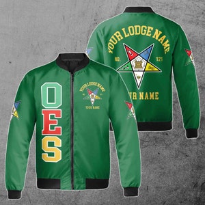 Custom Name Order of the Eastern Star Masonic Lodge OES Pentagon Up Unisex Bomber Jacket S-5XL Forest Green