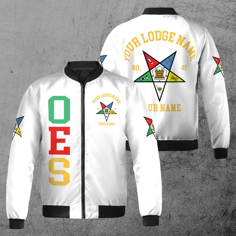 Custom Name Order of the Eastern Star Masonic Lodge OES Pentagon Up Unisex Bomber Jacket S-5XL White