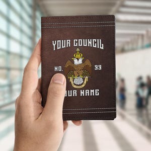 Personalized Masonic Leather Passport Wallet: 33rd Degree Double-Headed Eagle Wings Down Freemason Gift