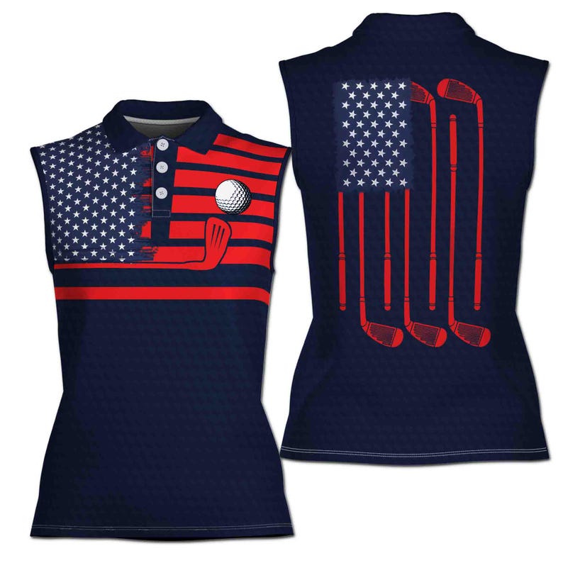 May include: A sleeveless golf shirt featuring a red, white and blue American flag design. The shirt has a navy blue background and includes golf clubs and a golf ball.