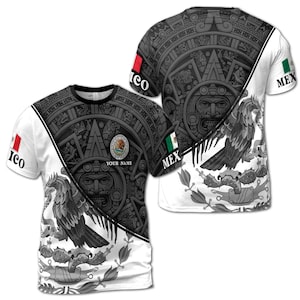 Custom Name Mexico Tribal Aztec Eagle Coat of Arms Men&#39;s T-shirt S-5XL
